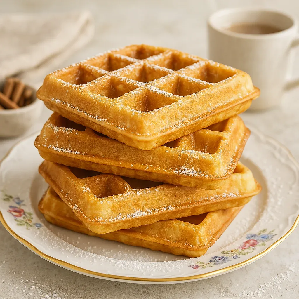 A stack of waffles on a plate.