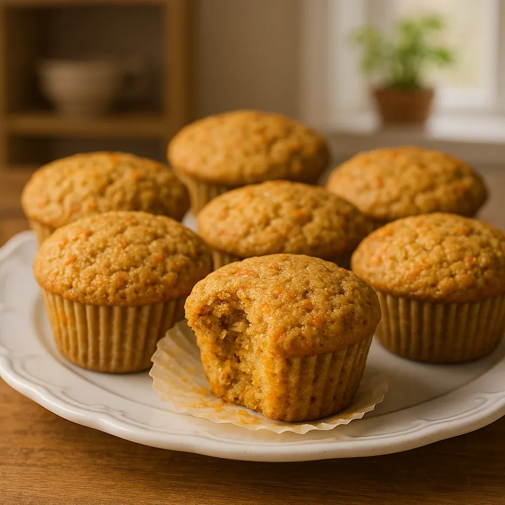 Muffins with fresh carrots displayed on a plate.
