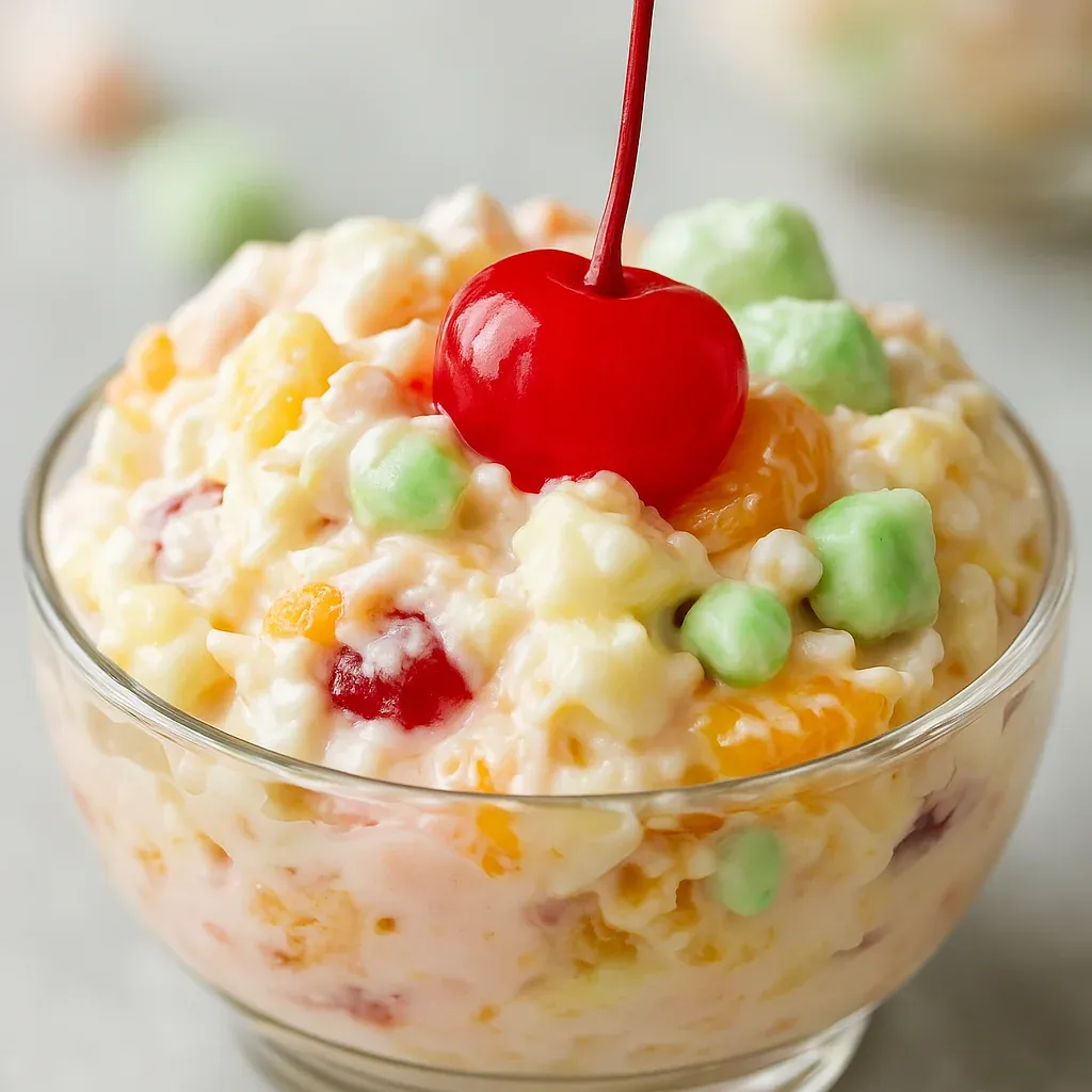 A dish of colorful fruit with whipped cream.