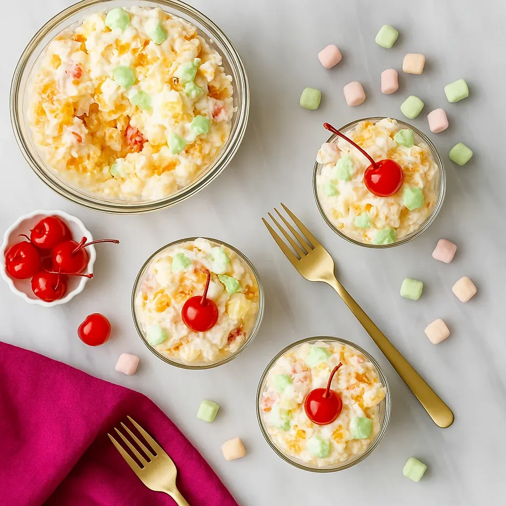 A bowl of cereal with cherries and marshmallows.