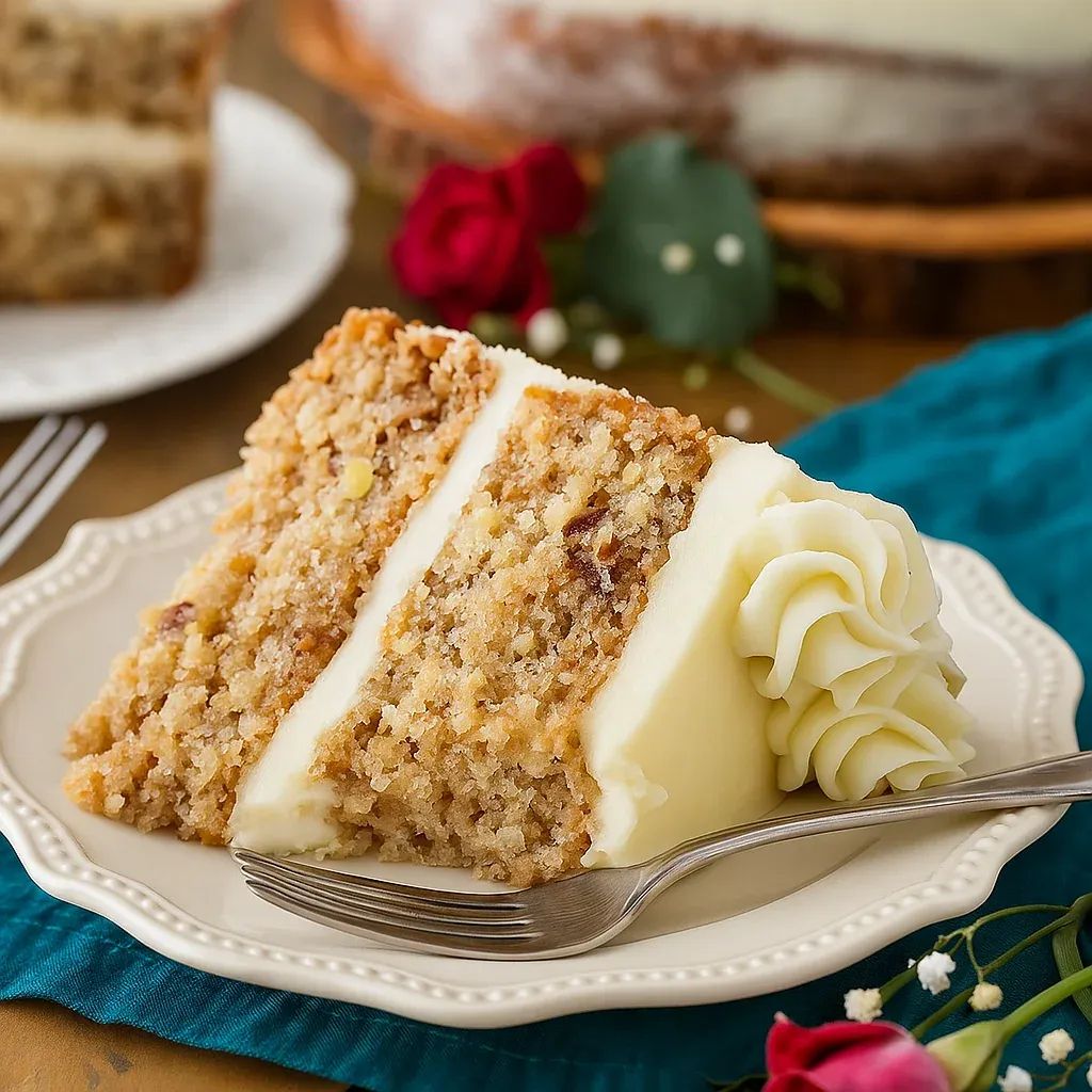 A slice of cake on a plate.