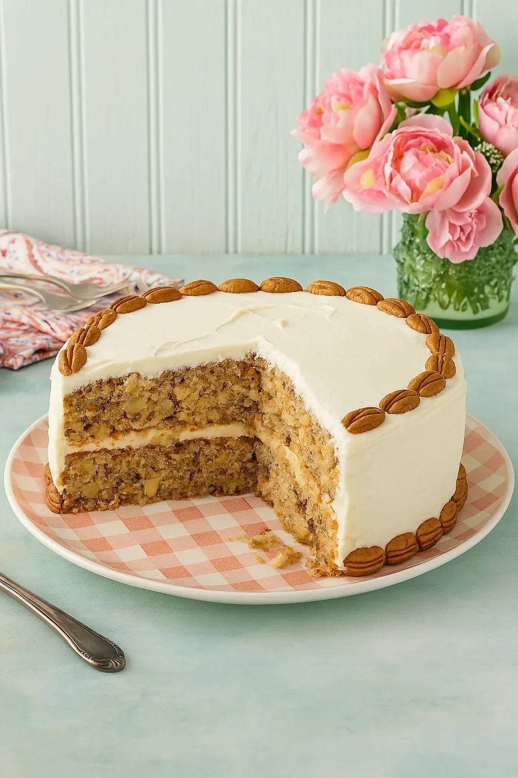 A slice of cake with nuts on top.