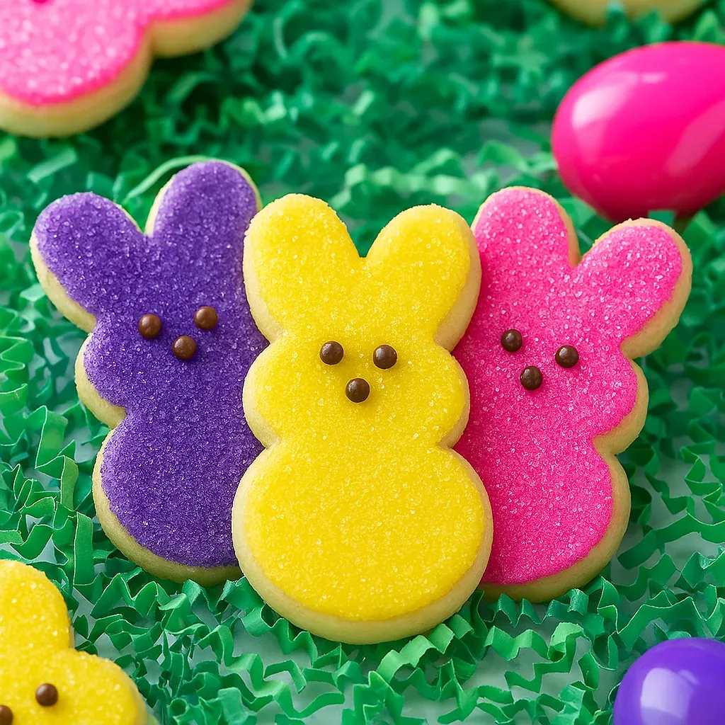 A close-up of three brightly decorated cookies with playful faces.