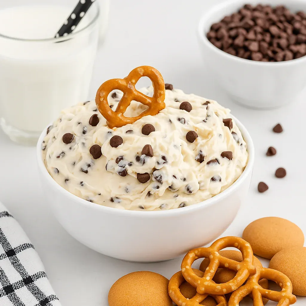 A bowl of smooth chocolate chip dip topped with a salty pretzel.