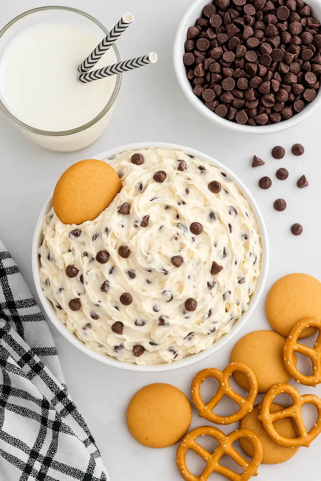 A bowl of cake with chocolate chips and a cookie on the side.