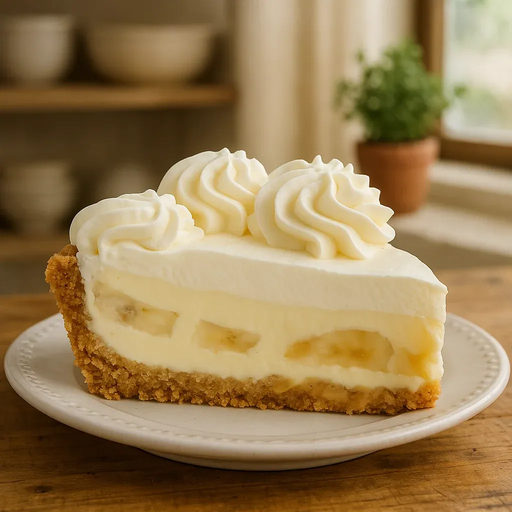 A white plate holding a slice of creamy banana pie.