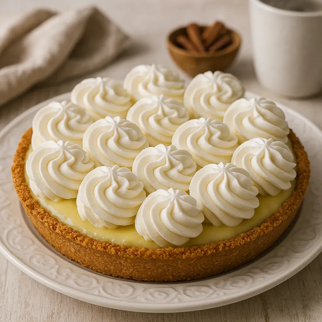 A slice of pie with whipped cream on top.