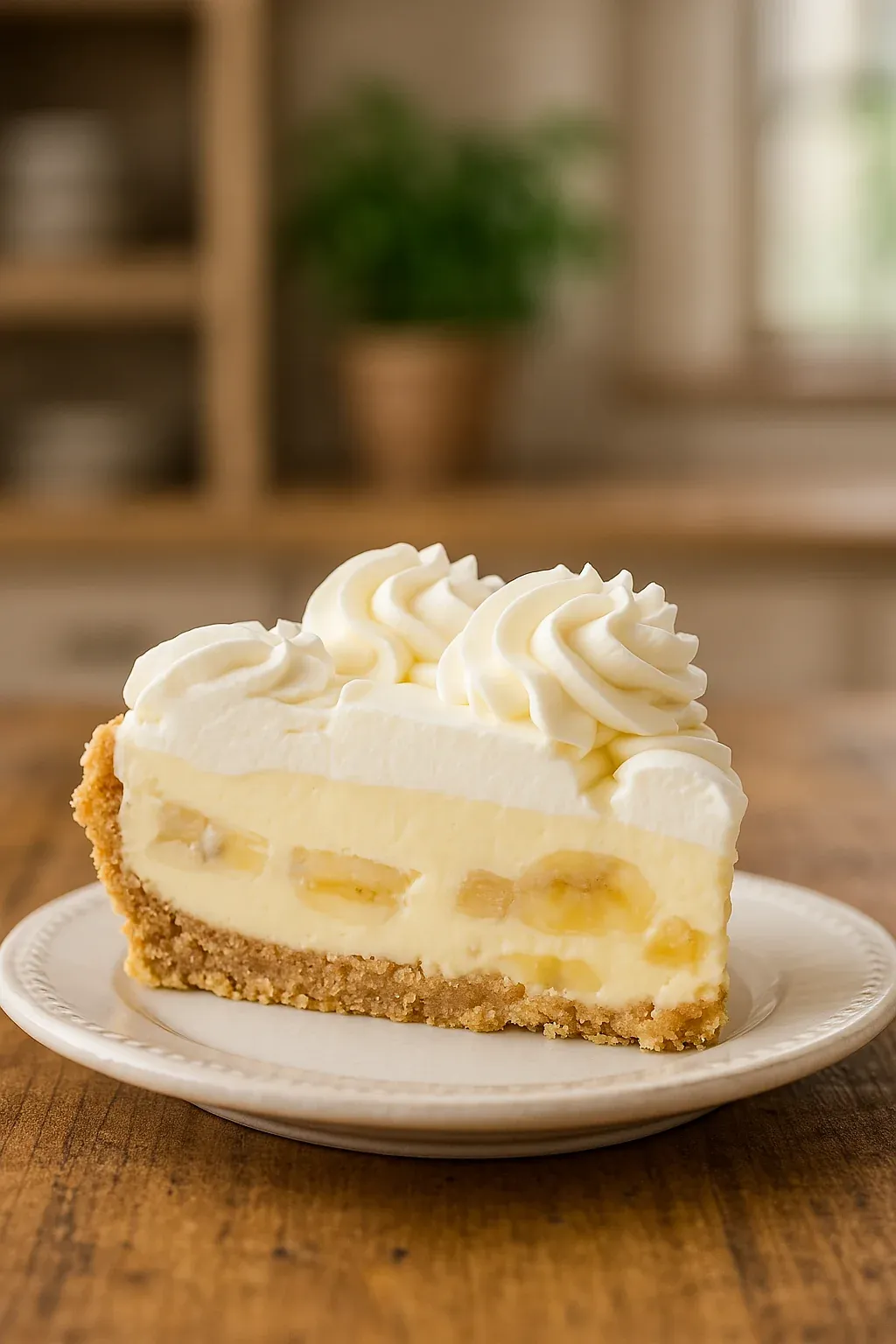 A slice of banana cream pie on a white plate.