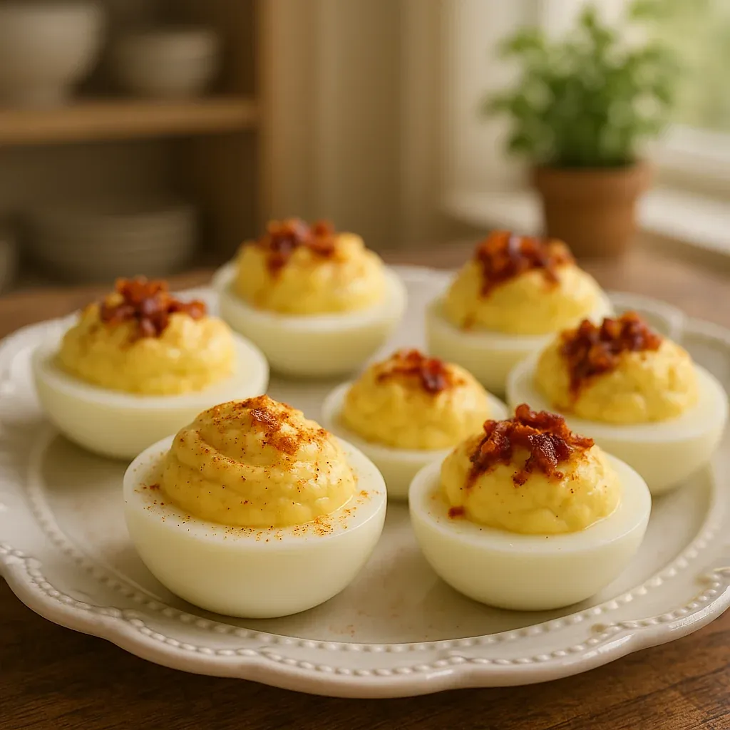 Eggs topped with crispy bacon on a plate.
