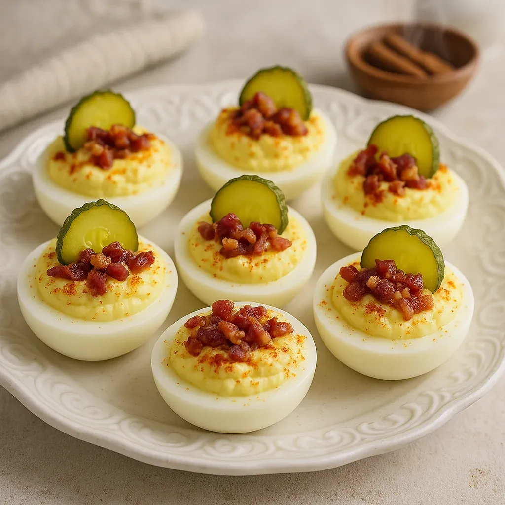 A plate of eggs with bacon and pickles.