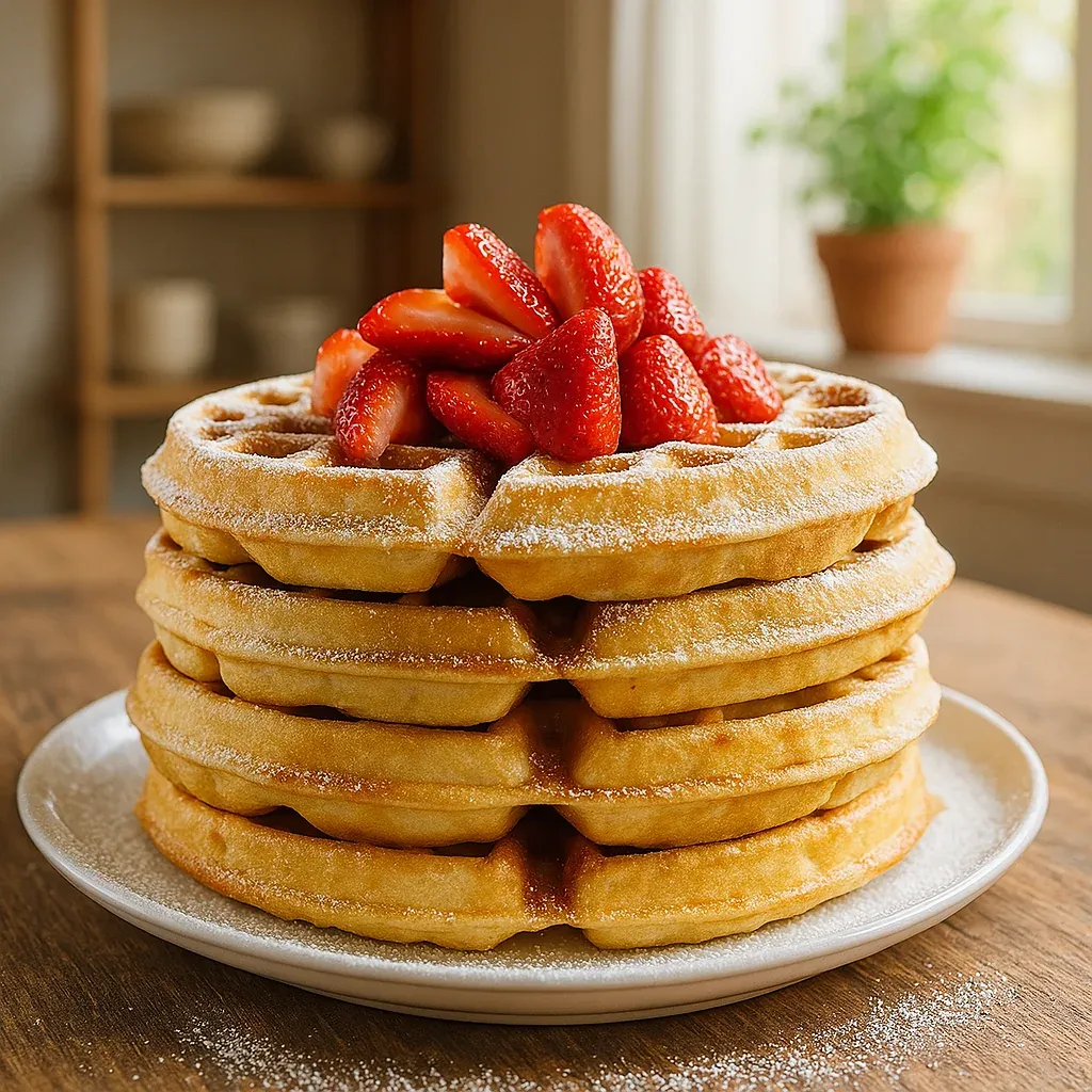 Waffles stacked high with fresh strawberries.