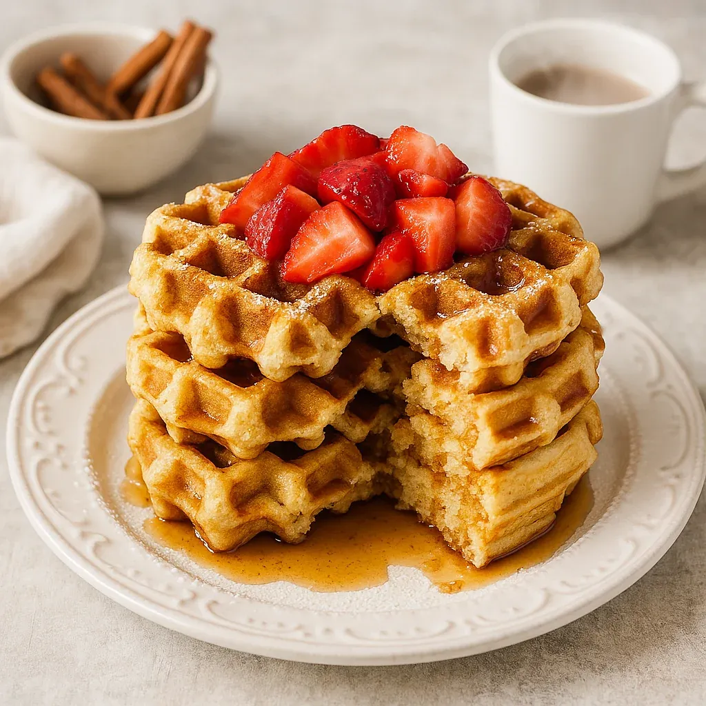 A stack of waffles with strawberries on top.