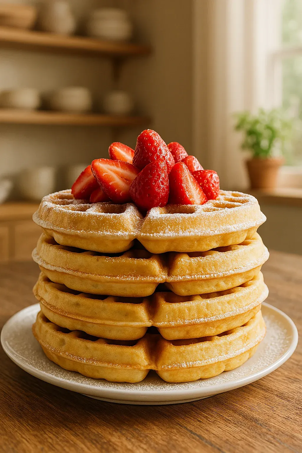 A stack of waffles with strawberries on top.