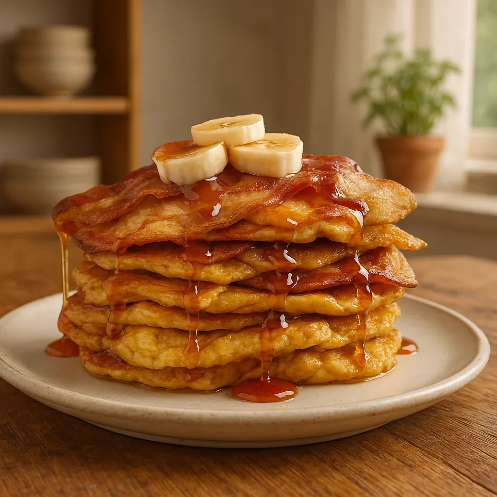 Golden pancakes stacked with sliced bananas on top.