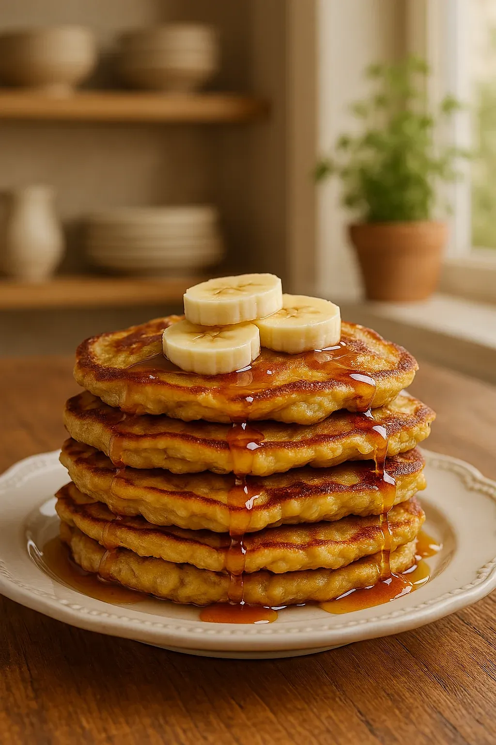 A stack of pancakes with bananas on top.