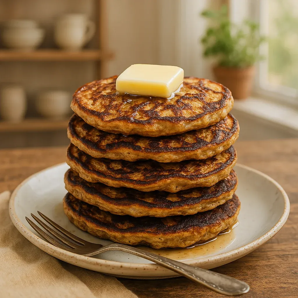A butter-topped stack of pancakes.