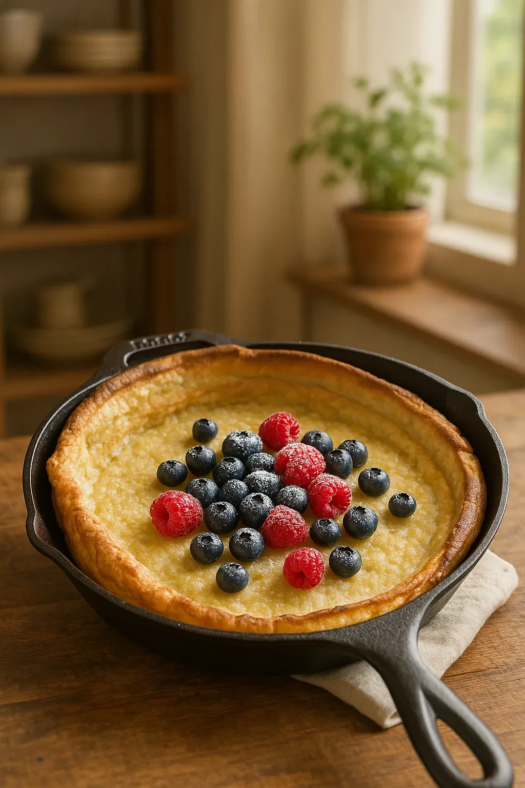 A pan of food with blueberries and raspberries on top.