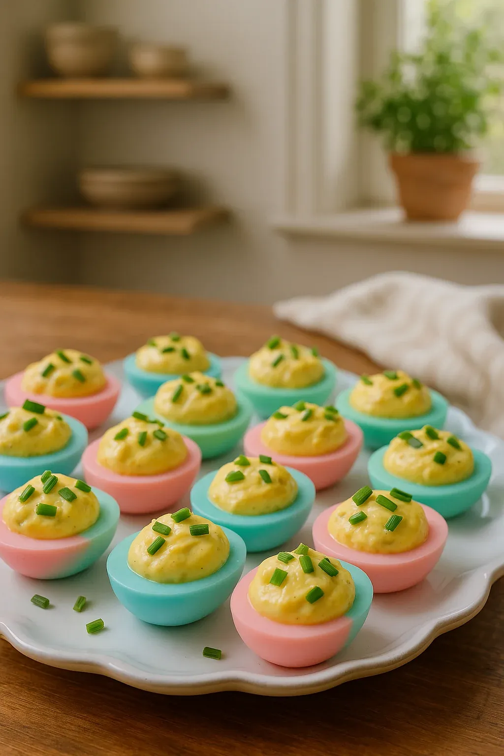 A plate of colorful deviled eggs with green tops.