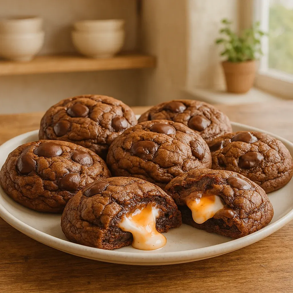A plate of gooey chocolate cookies with a creamy filling.