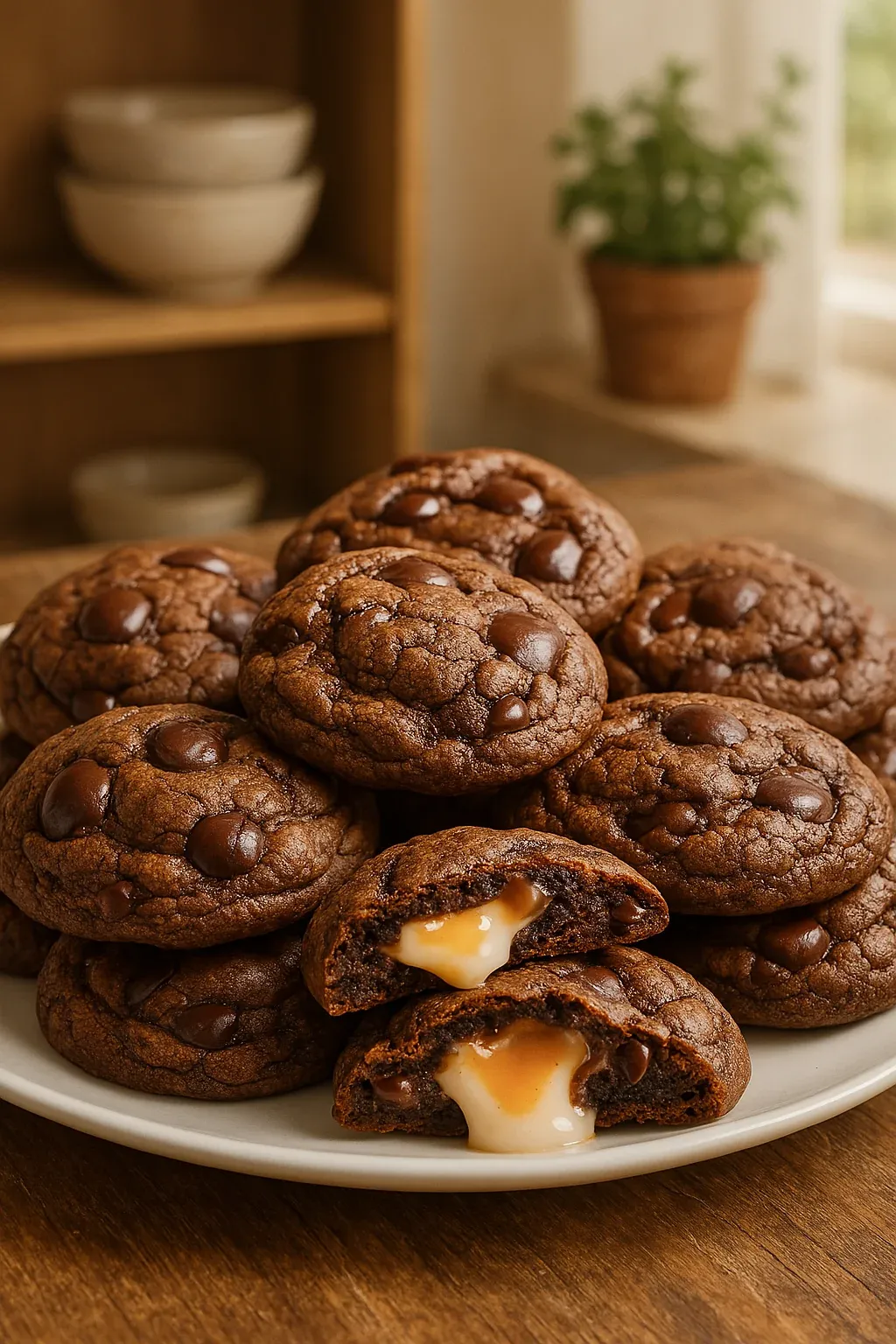 A plate of chocolate chip cookies with white frosting.