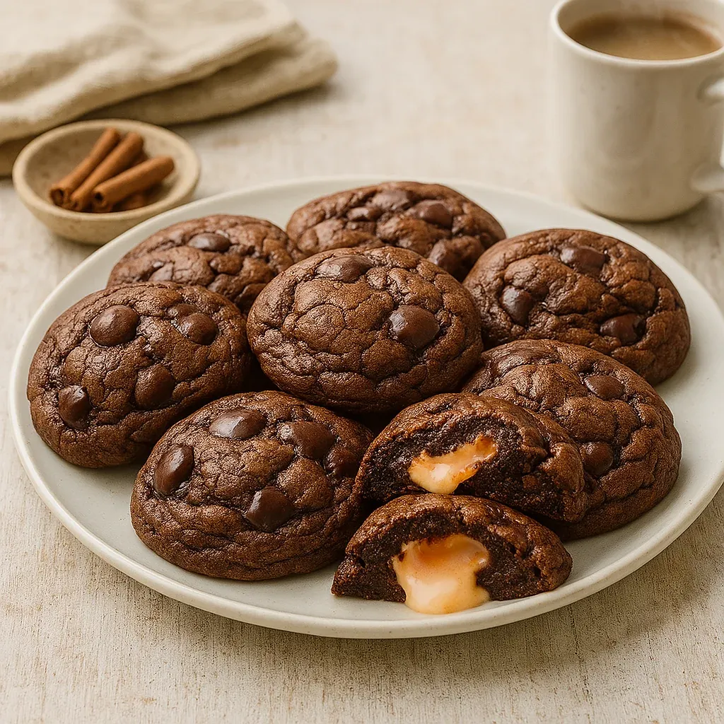 A plate of chocolate chip cookies with a bite taken out of one.