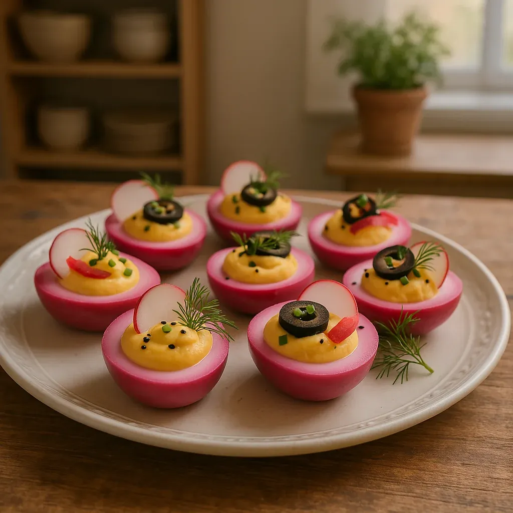 Topped eggs on a plate, colorful and fresh.
