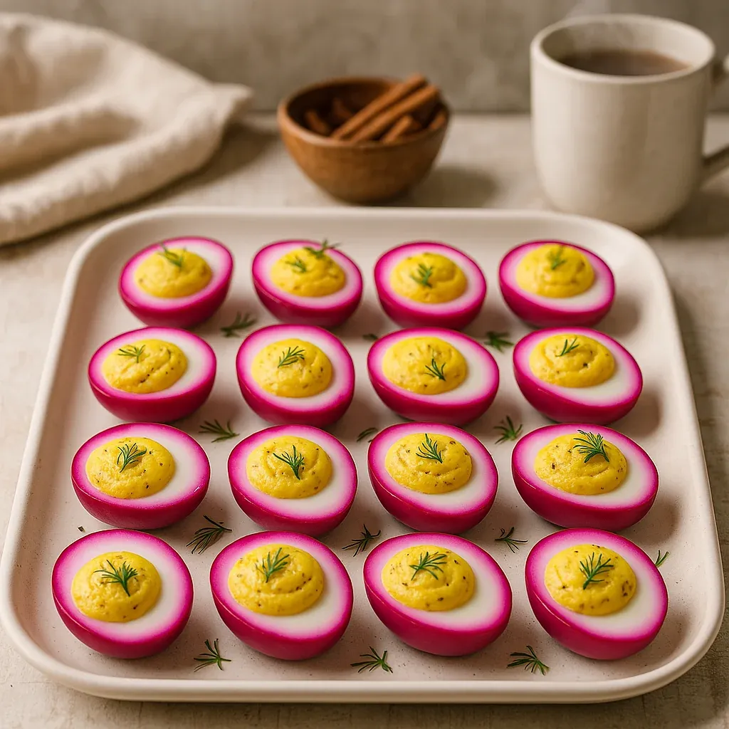 A tray of eggs with pink and yellow yolks.