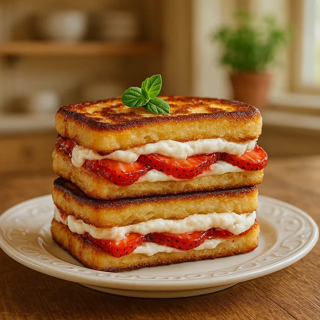Three fried sandwiches with a strawberry and cream topping.