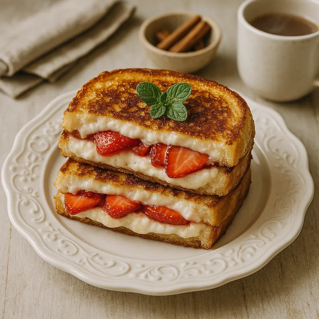 A plate of food with strawberries and cream.