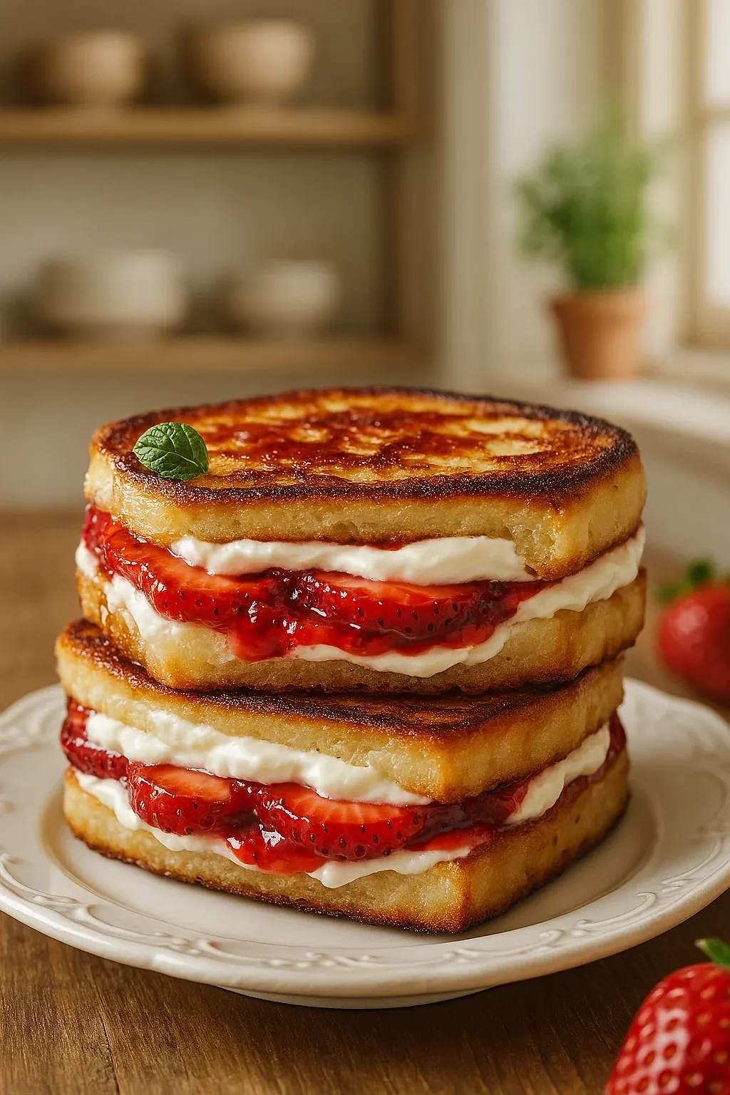 Three stacked sandwiches with strawberries and whipped cream.