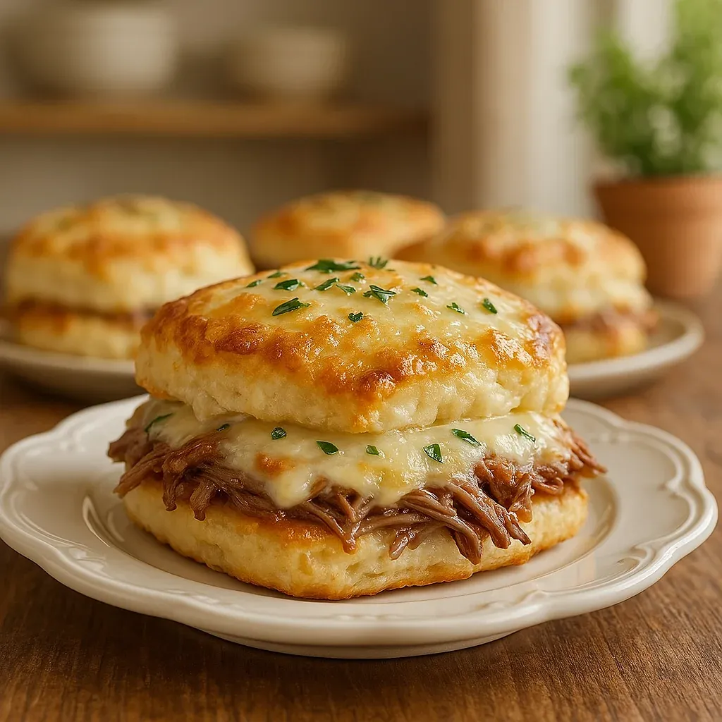 A plate with flaky biscuits, stuffed with meat, and served warm.