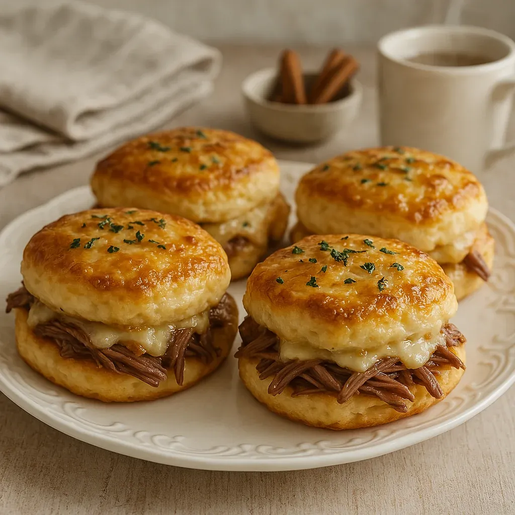 Two biscuits with meat on a plate.
