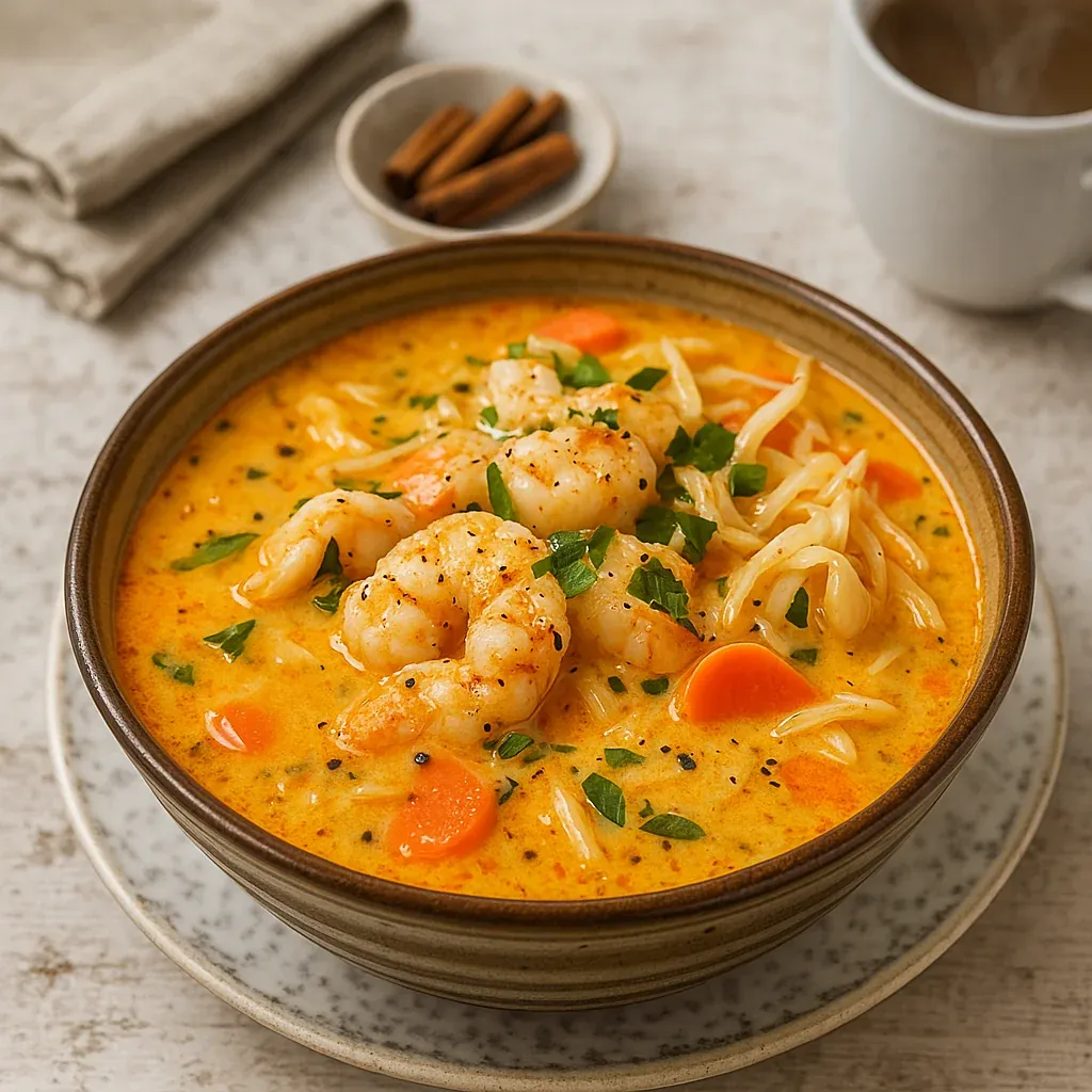 A bowl of soup with shrimp and carrots.