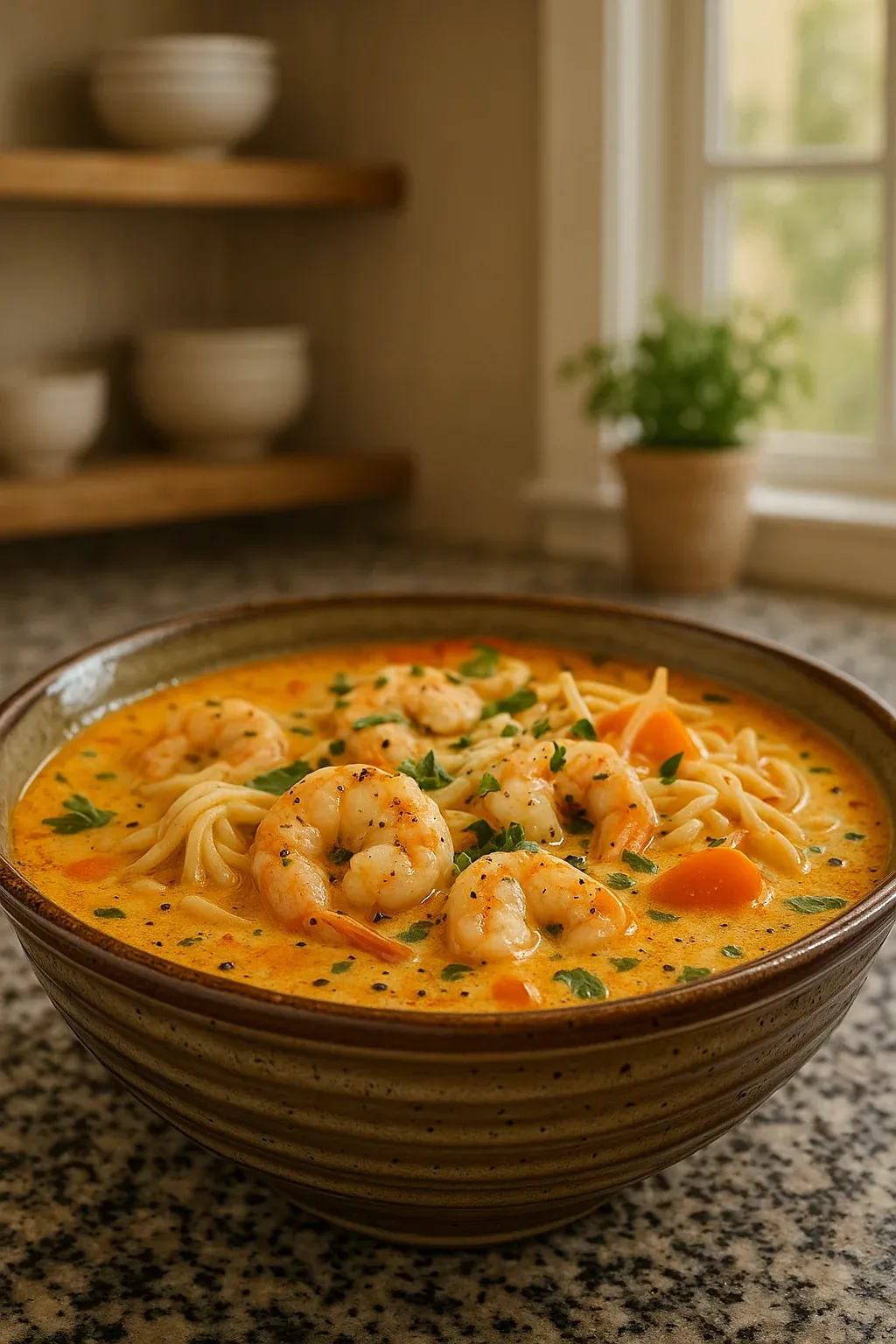 A bowl of soup with shrimp and noodles.