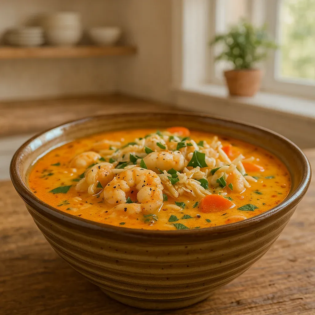 A soup bowl filled with shrimp and carrots.