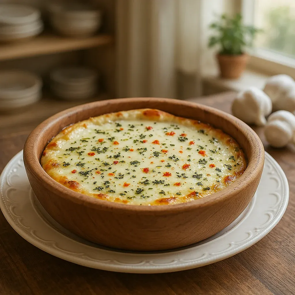 A bowl of garlic sauce on a wooden table.