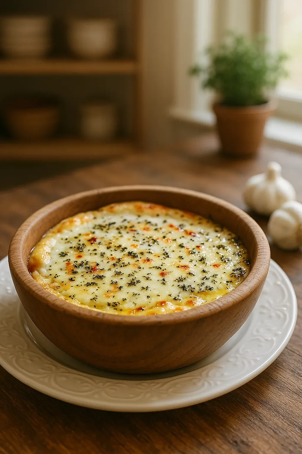 A bowl of food on a table.