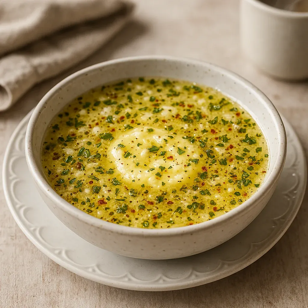 A bowl of soup with a spoon in it.