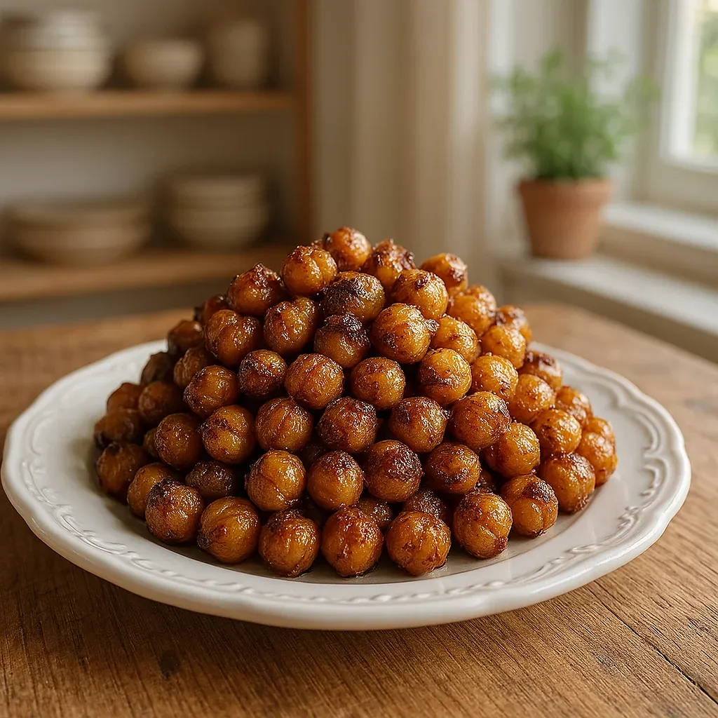 A bowl of seasoned chickpeas on a table.