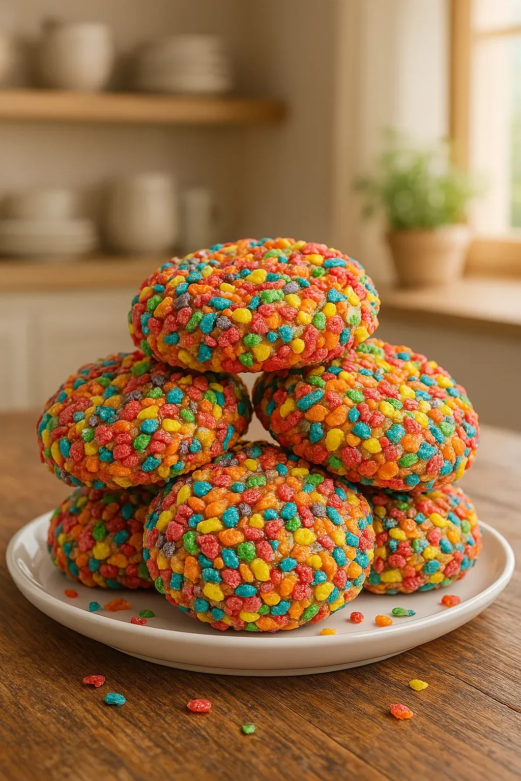 A stack of colorful cookies on a plate.