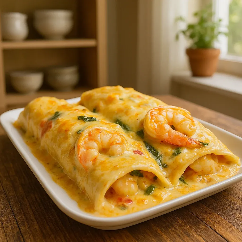 A tasty plate with two shrimp wraps covered in cheese.