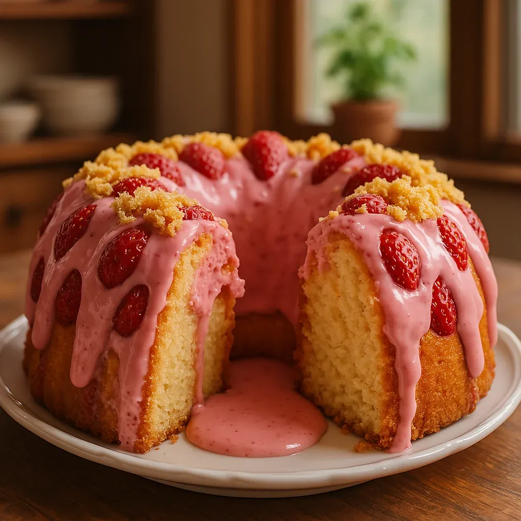 A cake topped with fresh strawberries.
