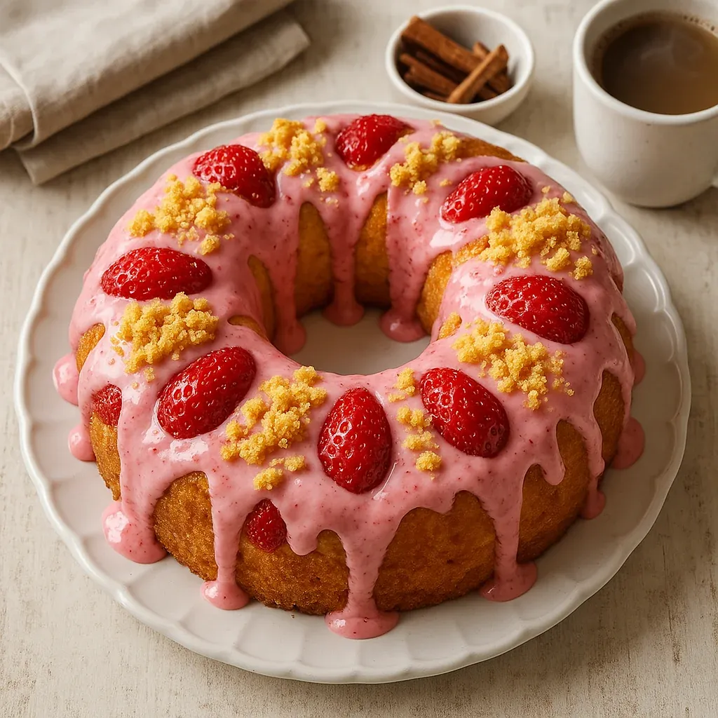 A cake with strawberries and pink icing.
