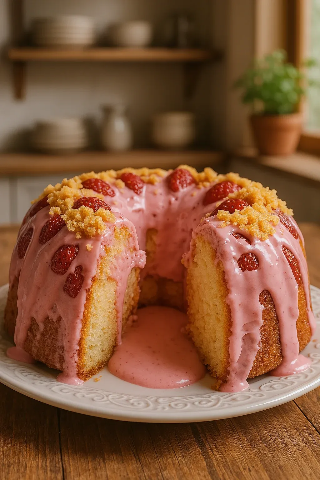 A cake with pink frosting and strawberries.