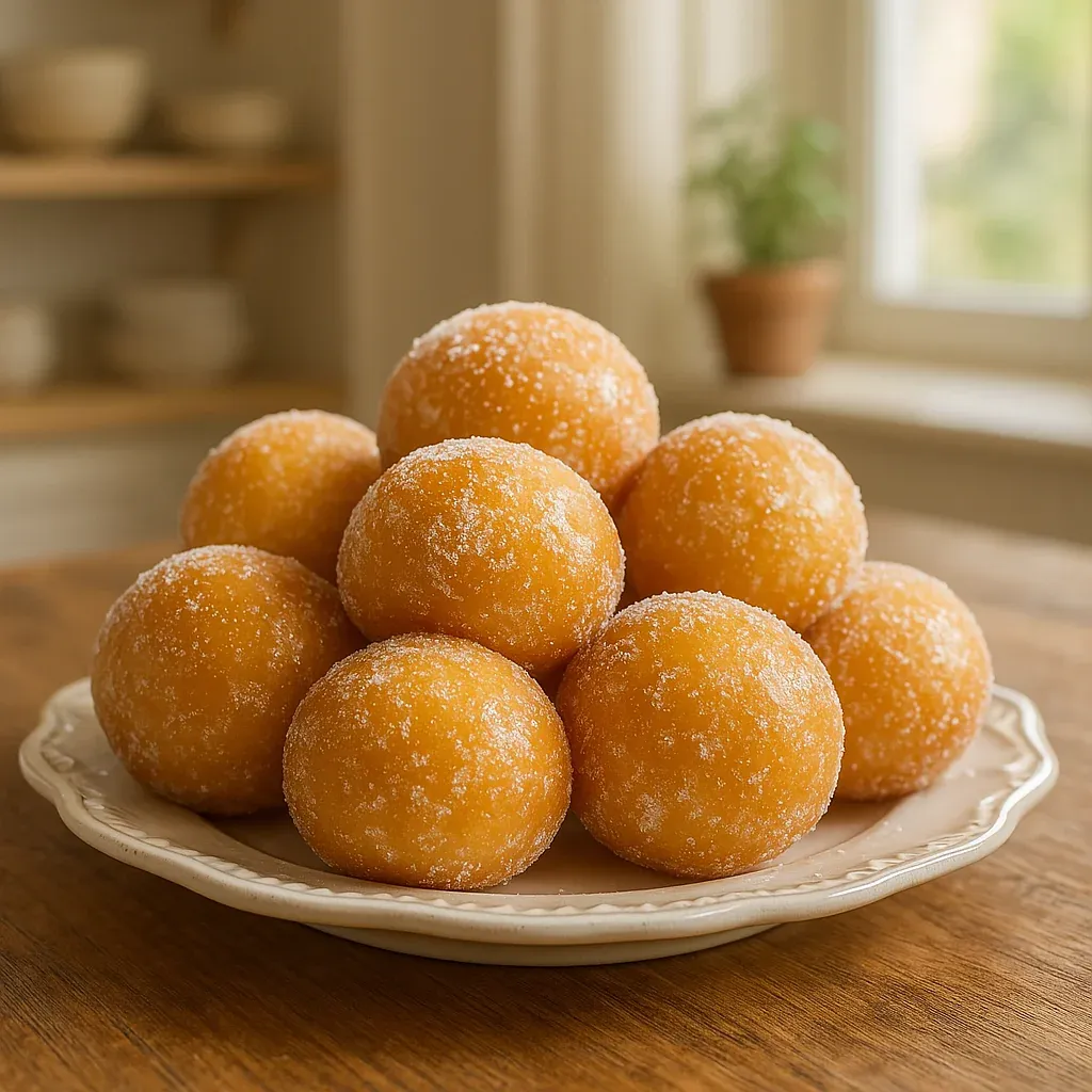 A table with a plate of golden doughnuts.
