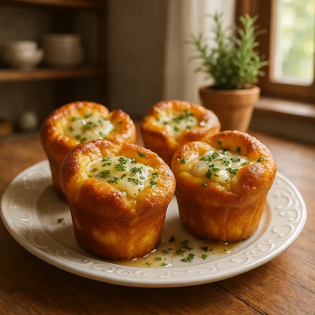 A plate of four muffins topped with fresh green herbs.