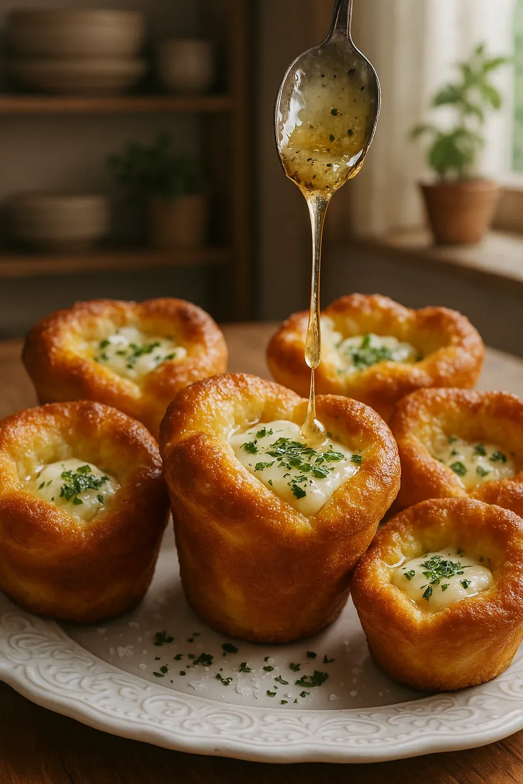 A spoon is being used to pour honey into a cupcake.