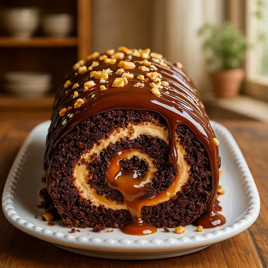 A caramel-drizzled chocolate cake garnished with pecans.