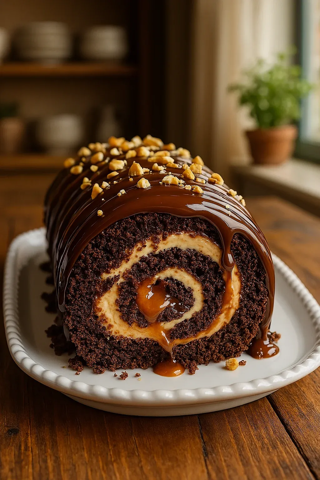 A chocolate cake with nuts on top.