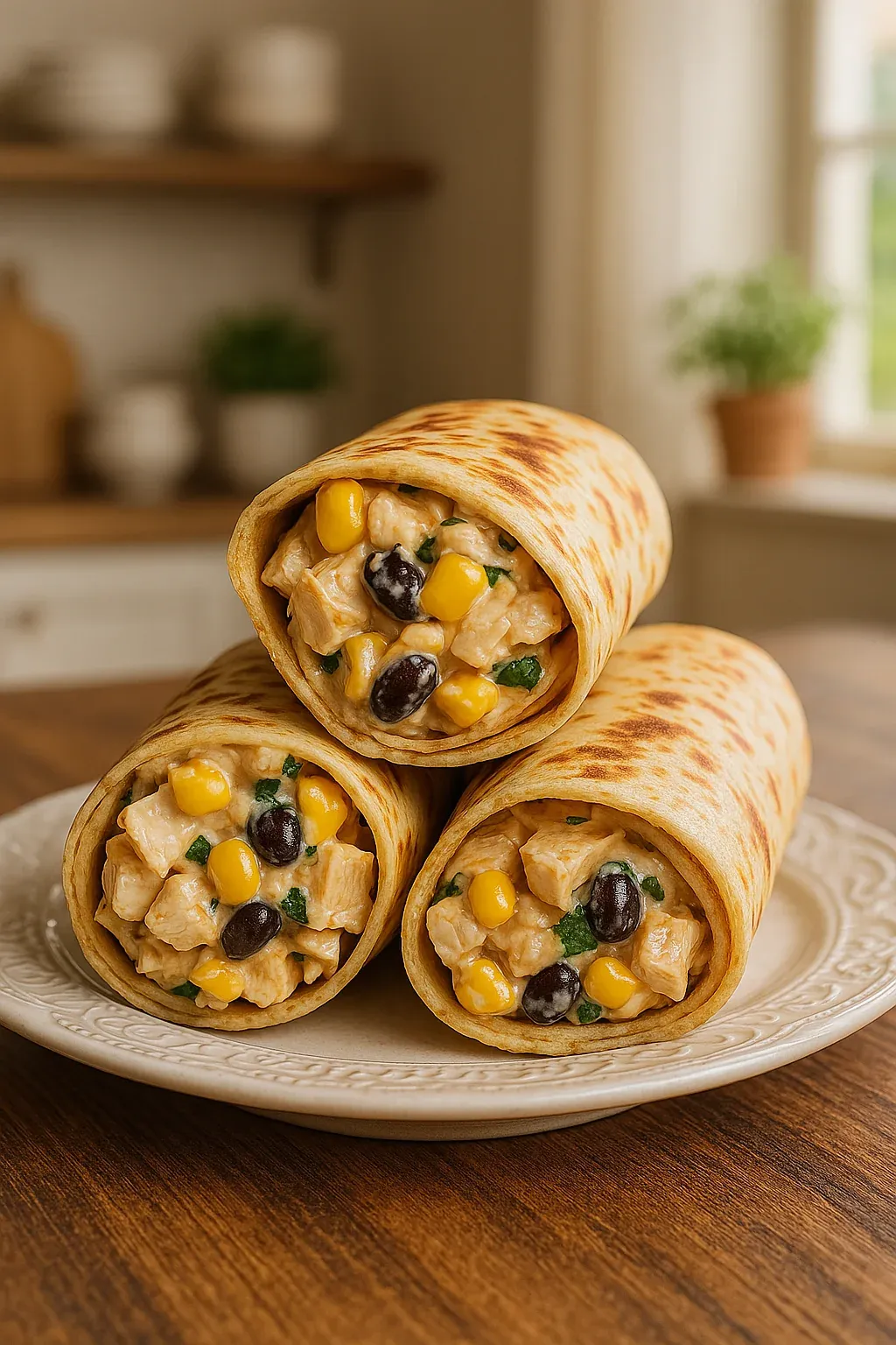 Three wraps with corn and black olives.